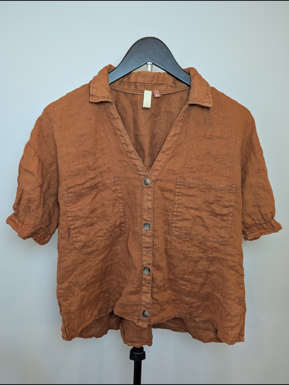 PILCRO Womens Size S 100% Linen Surf Button Down Short Sleeve Shirt Burnt Orange